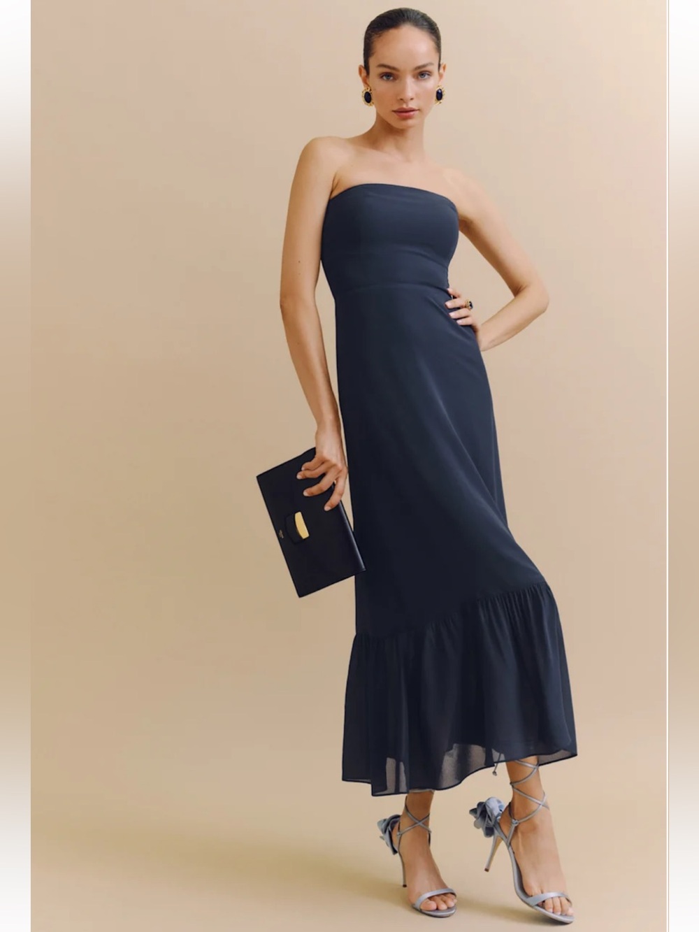 Reformation Navy Georgette Viscose Smocked Detail Strapless Arta Midi Dress Sz 0